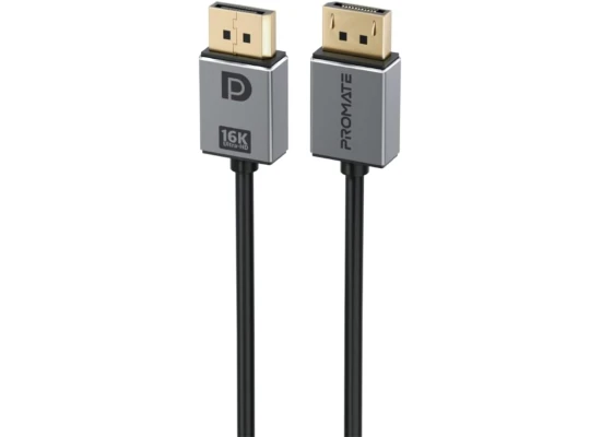 Promate DisplayPort 2.0 Cable, Premium Ultra HD 16K@60Hz Video Display Cord with 80Gbps Bandwidth Transmission, Gold Plated Connectors, 2m Super Slim Cable - Black